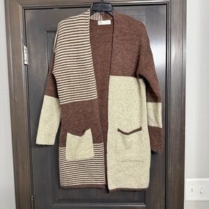 Leela & Lavender Brown Cream Colorblock Striped Longline Cardigan Small 51909A